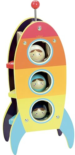 Vilac Wooden Space Whack-a-Mole Game, 3 Astronaut Balls & 1 Hammer, Ages 18+ Months, Multicolored