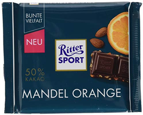 RITTER SPORT Mandel Orange, 100 g, dunkle Schokolade verfeinert mit Mandel- & Orangeatstücken, leckere Halbbitterschokolade mit fruchtigem Orangengeschmack
