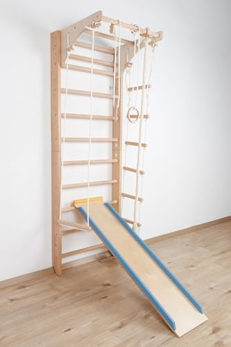 Turnwand, Sprossenwand Kombi-3-240-Farbe Kletterwand aus Holz für Kinder & Erwachsene – Indoor Fitness Klettergerüst mit Klimmzugstange & Zubehör