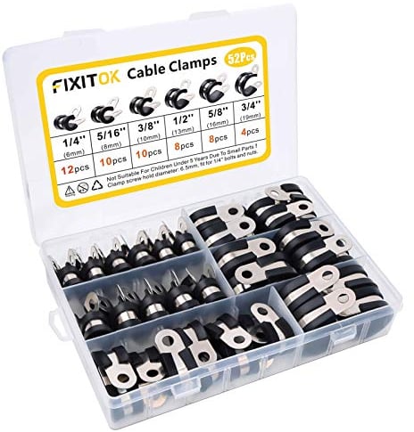 FIXITOK 52 Stücke Kabelklemme Gummi P Clips Schlauchschellen Rohrschellen Kabelklemmen Edelstahl Kit 6 Größen 1/4Zoll 5/16Zoll 3/8Zoll 1/2Zoll 5/8Zoll 3/4Zoll Kabelklemme