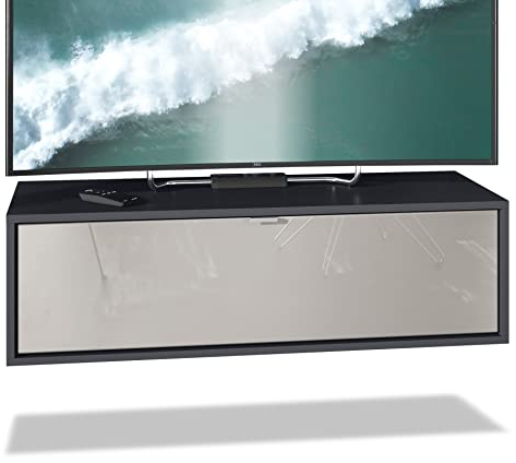 Vladon TV Board Lana 100 Hängeschrank Lowboard 100 x 29 x 37 cm, Made in Germany, Korpus in Schwarz matt, Fronten in Sandgrau Hochglanz | Große Farbauswahl