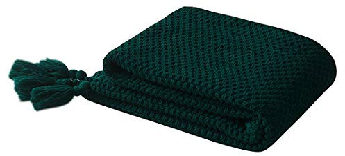 AUSTINCIAGA Couverture en Tricot Plaids Canapé Couvre-lit Tapis de Table Jetés de Lit Nordique Chaud Doux avec Frange Faite à la Main pour Plage Pique-Nique Toutes Saisons (Vert foncé, 70 x 100 cm)