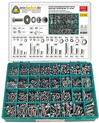 Großes Schrauben-Sortiment DIN 933 M4/M5/M6/M8 Edelstahl A4 V4A (DIN933+934+985+125+9021) 1751-tlg (Standard-Box)