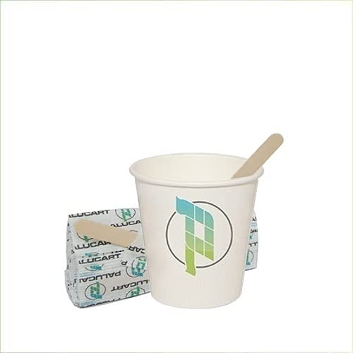 VIRSUS Lot de 500 gobelets en papier pour café 90 ml, couleur blanche avec logo graphique, biodégradables 10 Cf x 50 pièces, verre carton pour café + 500 palettes en bois de bouleau