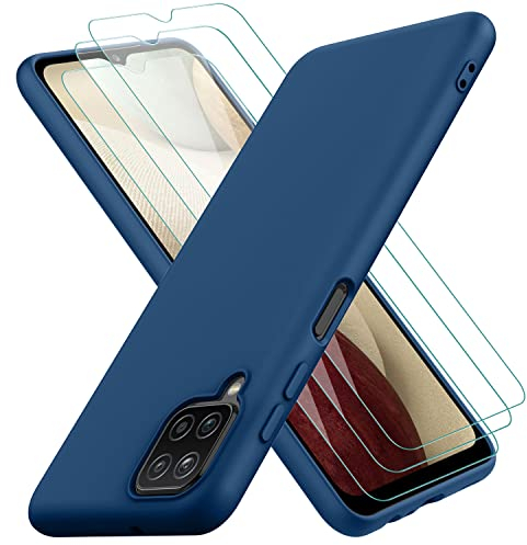 Oureidoo Hülle kompatibel mit Samsung Galaxy A12 / M12, mit 3 Stück Panzerglas Schutzfolie, Handyhülle für Samsung Galaxy A12 / M12 Silikon gummiert, Handy Case in Blau