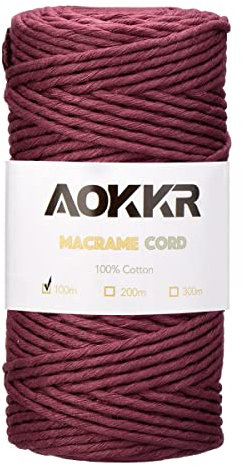 AOKKR Corde Macramé 3mm x 100m, Fil Coton Macrame Couleur, Corde Peignées pour Tressée DIY, Tapisserie de Plante Décorations Murale, Attrape-rêves Cadeau Artisanat Suspendues, Rouge Foncé