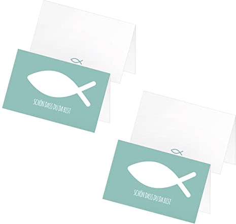 itenga 48 x Tischkarten Platzkarten Namensschild Fisch Kommunion Taufe Konfirmation Jungen Mädchen (türkis)