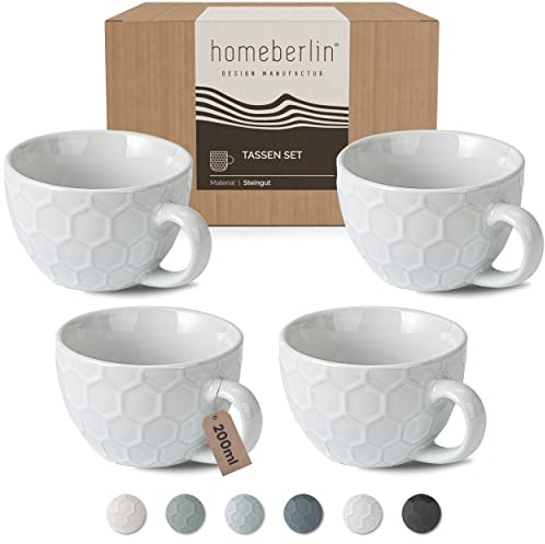 HOMEBERLIN® Design Cappuccino Tassen Set - 200ml Kaffeetassen 4er Set - Premium Kaffee Tassen Set aus hochwertigem Steingut - 4 moderne Kaffeetassen aus 100% Handfertigung - Dickwandige Kaffee Tasse