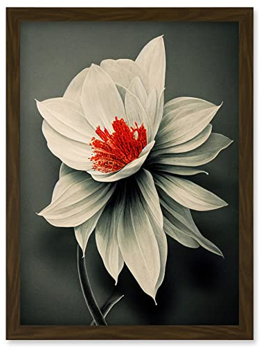 Wee Blue Coo Realistic Greyscale Macro Flower Floral Bloom with Orange Red Stamen Artwork Framed Wall Art Print A4