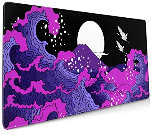 Tapis de souris de jeu japonais noir bleu violet vague 90 x 40 cm XXL style cool design Full Des Mousepad Large base en caoutchouc antidérapant avec bords cousus pour la maison et le bureau