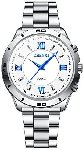 JewelryWe Herren Uhren Analog Quarz 30M Wasserdicht Armbanduhr Klassisch Römische Ziffern Edelstahl Armband Partner Freundschaft Uhr mit Leuchtend Zeiger und Uhrenwerkzeug Weiß