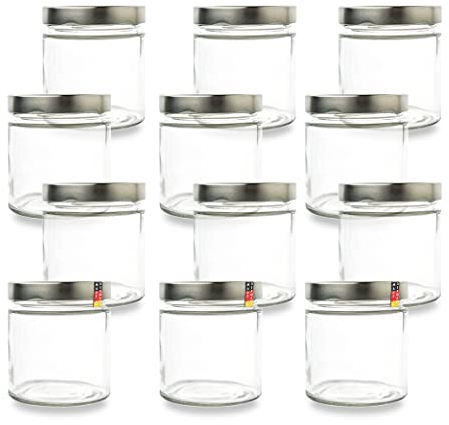 flaschenbauer.de - 12er Set Konservengläser 410ml | Einmachgläser mit 82mm TO Deep-Mündung & Silbernen Deckeln | Ideal zum Einkochen, Konservieren & Lagern von Marmelade, Obst, Gemüse und Gewürzen