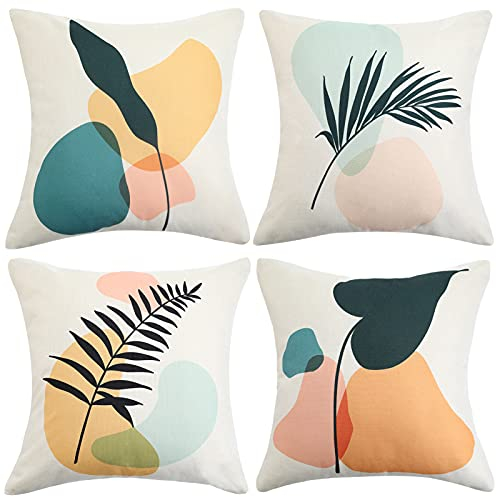 Kissenbezug 50x50cm 4er Set Kissenbezug Modern Abstrakt Kunst Blau Rosa Minzgrün Gelb Leinen Dekokissen Kissenbezüge Farbe Kissenhülle Kopfkissenbezug Kissen Bezug für Sofa Couch Wohnzimmer 4er Set