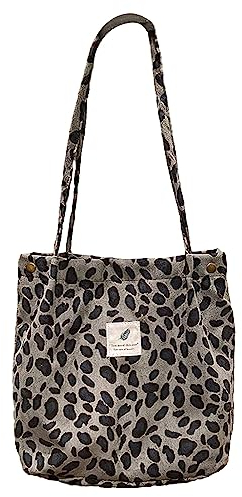 Anopo Cord Taschen Damen Groß Tote Bag mit Innertaschen Lässige Handtasche Umhängetasche Shopper Fashion Stofftasche für Alltag Büro Schulausflug Einkauf Grauer Leopard