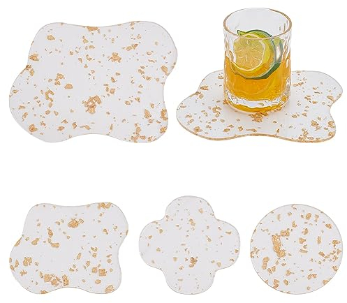 GOMAKERER 4 pièces 4 Styles sous-Verre en Acrylique, Tapis de Tasse Transparent sous-Verres en Feuille d'or Plaque Décorative sous-Verre Tapis de Protection de Table