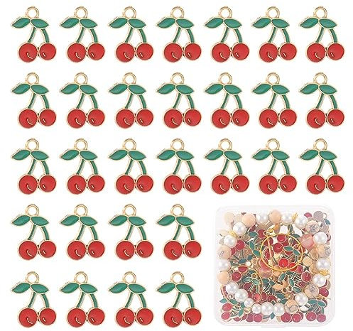 SUNNYCLUE 1 Box 60Pcs Red Cherry Charms Cherry Charm Bulk Fruit Kawaii Red Cute Mini Enamel Alloy Cartoon Sweet Food Berries for jewellery Making Earrings Necklace Bracelets DIY Crafts