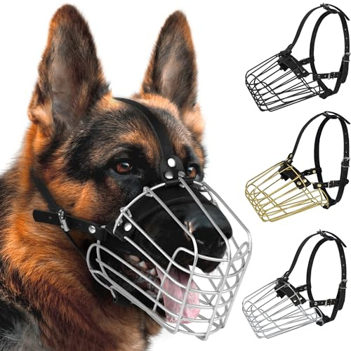 BUDKAS Deutscher Schäferhund Maulkorb Metall Korb für Mittlere Große Hunde Verstellbare Langlebige Lederriemen Sichere Drahtmaske zum Beißen Kauen Bellen (Silber, M - Größe)