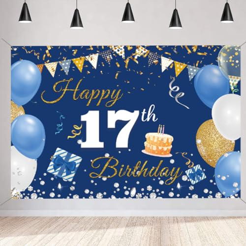 17. Geburtstag Deko Junge Mädchen, 17 Geburtstag Banner Blau Stoff Schild Plakat Hintergrund Banner Junge Geburtstagsfeier Deko