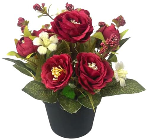 Fleurs Artificielles De Cimetière Pour Tombes, 17,8 Cm De Hauteur, Roses Artificielles En Pot, Fleurs Réalistes En Soie Avec Feuille Verte Pour Décorations Commémoratives De Cimetière Funéraire, Rouge
