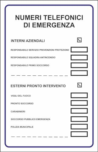 M-ITALY CARTELLO SEGNALETICO - NUMERI TELEFONICI DI EMERGENZA - Adesivo Extra Resistente, Pannello in Forex, Pannello In Alluminio (15x10, Adesivo)