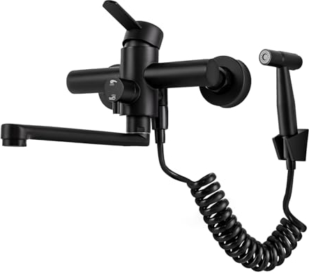 Grifo de cocina montado en la pared con pistola pulverizadora, empotrable, grifo para fregadero de cocina, giratorio 360°, color negro