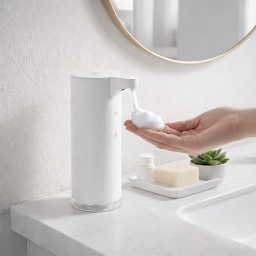 Seifenspender Automatischer Edelstahl Schaumseifenspender Elektrischer: LAOPAO Soap Dispenser Set IPX5 Wasserdicht USB-C Aufladung mit Sensor Infrarot Bewegungssensor für Küche & Bad (Weiß)