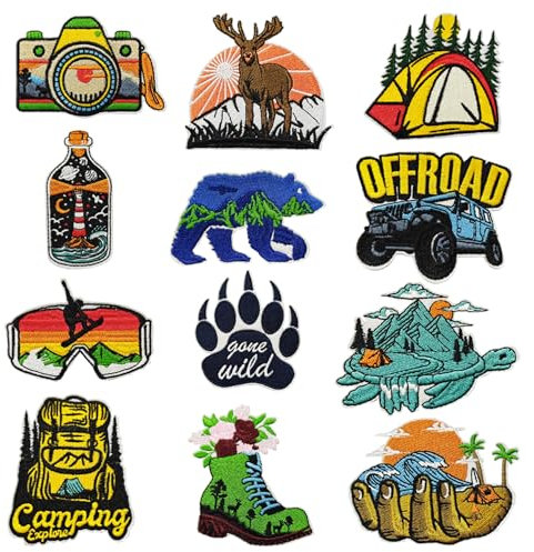JMZLLRX 12 Stück Camping Thema Applikationen Patches zum Aufbügeln, Flicken Patches Sticker für Kleidung Kleid Jeans Hosen Hüte Rucksäcke Nähen Applique DIY Zubehör