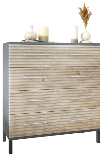 Vladon Sideboard Pavos 3D, Kommode mit 4 Schubladen, Anthrazit matt/Eiche Viking (76 x 84 x 35 cm)