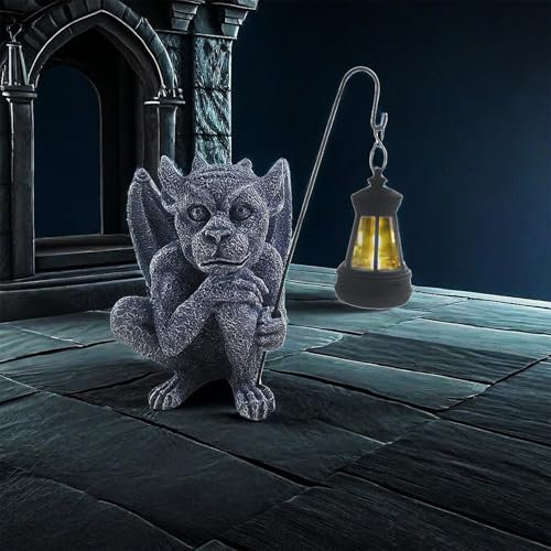 RXMORI Solar Gargoyle Statues Outdoor with Light, Gothic Garden Statue Outdoor with Solar Lantern, Sitting Winged Gargoyle Sculpture for Yard Patio Lawn Ornament Decorations