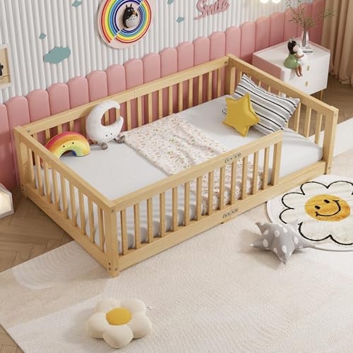 PVWIIK Twin Size Montessori Toddler Floor Bed with Wood Slats for Girls and Boys, Wood Montessori Bed Frame with Safety Guardrails, No Box Spring Needed, Natural