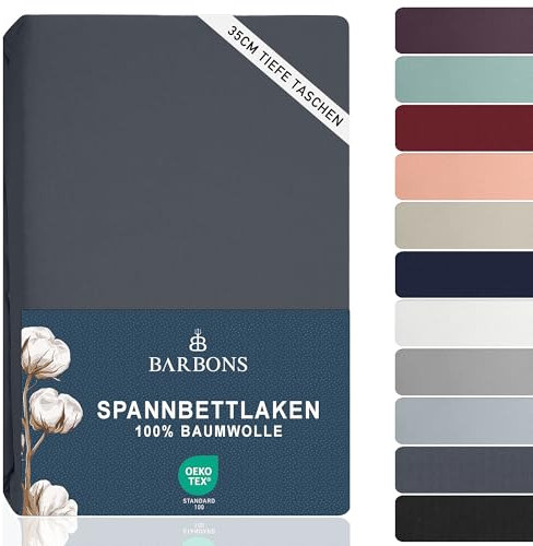 BARBONS Spannbettlaken 180x200cm - Spannbetttuch für Dicke Matratzen bis zu 27 cm 100% Baumwolle Oeko-TEX Zertifiziert Bettlaken Jersey Bettware Bettbezug für Boxspringbett - Dunkelgrau 180 x 200