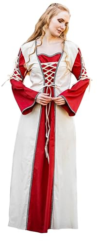 Leonardo Carbone® Damen Kleid Amalia | Kunstvolle Schnürung | Zweifarbige Gestaltung | Karneval, Halloween, Cosplay, LARP, Mittelalter, Kostüm, Festkleid | 100% Baumwolle Natur/Rot S