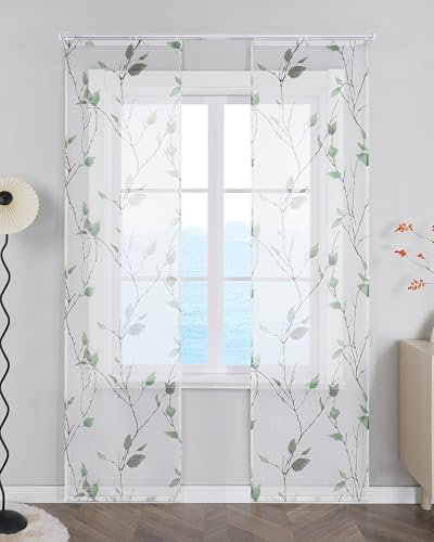 ESLIR Schiebegardinen Set 2er Flächenvorhänge Gardinen mit Klettband Schiebevorhang Transparent Vorhang mit Blätterdruckmuster Landhaus Grün BxH 57x245 cm 2 Stück