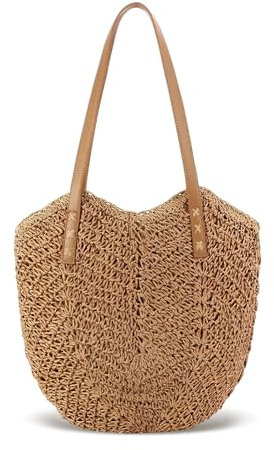 HuiYStar Sac à bandoulière en paille pour femmes, grand sac de plage d'été en rotin tressé fourre-tout pour les vacances, Kaki