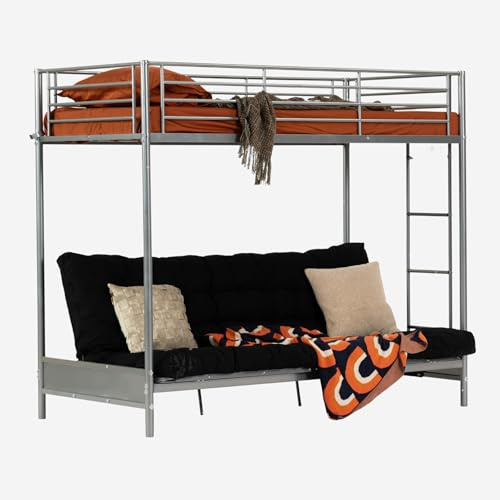 MEUBLE COSY Hochbett 140x190cm Kinderbett mit Futon Matratze Bettrahmen Etagenbett mit Lattenroste und Klappbares Schlafsofa aus Metall, Industriell, für Erwachsene und Kinder, Grau