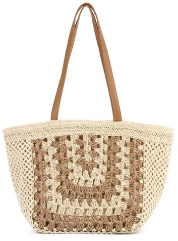 EVEOUT Bolso Tote Rafia para Mujer Verano Bohemio Ligero Grande Shopper Tejido Bolsos de Hombro Paja para Playa Vacaciones Viaje Diario
