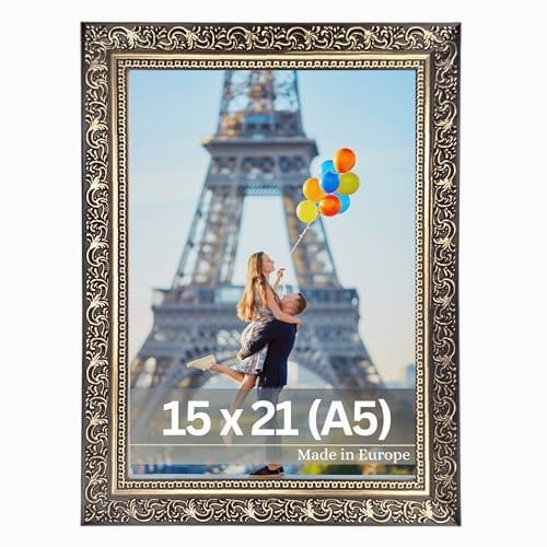 VictoR Bilderrahmen Vinci - 15x21cm (A5) - Schwarz Gold - Vintage Barock - verzierte Leiste 22x20mm - bruchsicheres Acrylglas - MDF-Rückseite - für Hoch- und Querformat - Made in Europe