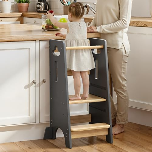 COSYLAND Toddler Standing Tower Height Adjustable - Toddler Kitchen Stool Helper Super Stable - Wooden Kids Learning Stool for Kitchen Toliet (Light Grey & Natural,Large)