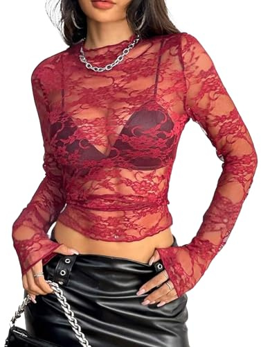 Sahunfri Mesh Tops for Women, Lace Tops for Women UK Sexy See Through Shirts, Y2K Lace Top Layering Blouses (UK, Alpha, M, Regular, Regular, Standard, Red)