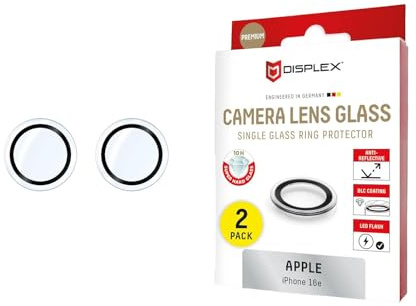 Displex Premium Kamera Schutzringe für iPhone 17e, 16e (10H), Echtglas, DLC | DISPLEX Premium Camera Lens Glass, Echtglas, 10H Härte, transparente Ringe, Ultra-Clear, Quick Mount, Anti-Fingerprint