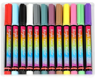 Lot de 12 marqueurs acryliques pour travaux manuels et projets artistiques | Stylos acryliques pour peinture sur roche, bois, tissu en céramique, verre, kit d'art pour adultes pour dessin, décoration