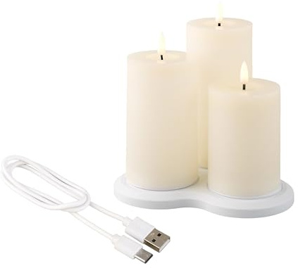 LED Kerzen mit Timer 12,5-17,5cm Wachs 3er Set - Elektrische Stumpenkerzen - batteriebetrieben & über USB-C aufladbar - Wachskerzen flackernde Flamme Effekt - Kerzenset Dekokerzen Creme / Warmweiß