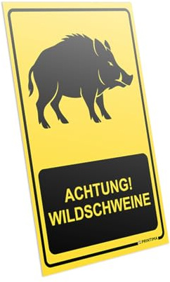 PRINTIMA Warnschild „ACHTUNG! WILDSCHWEINE“ – 21x32cm – wetterfestes Hinweisschild mit Wildschwein-Piktogramm – für Wald, Jagdgebiet, Grundstück – inkl. Dübel zur Montage