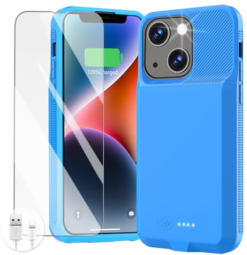 GIN FOXI Battery Case for iPhone 13/13 Pro/14/14 Pro, Ultra-Slim Charging Case Real 7000mAh Rechargeable Anti-Fall Protection Extended Charger Cover for iPhone 14/14 Pro/13/13 Pro (6.1 inch) Blue