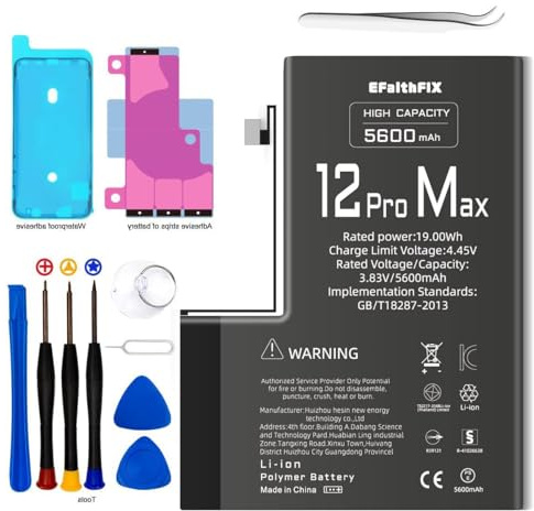 EFaith Batteria per iPhone 12 Pro Max [5600mAh] di ricambio ad alta capacità 0 cicli con kit di riparazione professionale e adesivo