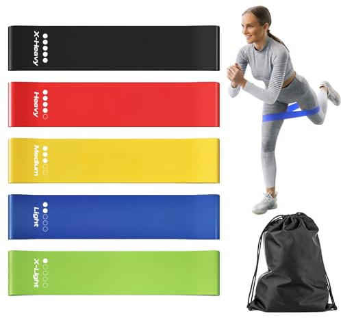 5 Widerstandsbänder aus Naturkautschuk - 5 Stärken (4-30 lbs / 1.8-13.6 kg) für Beine, Po, Arme, Rücken | Inkl. Tragetasche | Für Homegym, Yoga, Physiotherapie