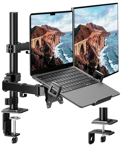 monTEK 2-in-1 Monitor Mount and Laptop Stand for Desk, Ergonomic Height Adjustable Monitor Arm Fit up to 32 inch Screen and 17 inch Laptop, Hold up to 22lbs Weight, C-Clamp and Grommet