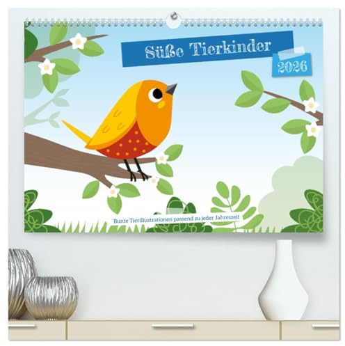 Süße Tierkinder (hochwertiger Premium Wandkalender 2026 DIN A2 quer), Kunstdruck in Hochglanz: Bunte Tierillustrationen passend zu jeder Jahreszeit (CALVENDO Tiere)