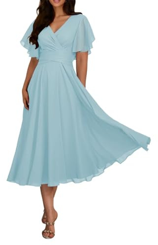 KIYNE Light Blue Mother of The Bride Dresses for Women with Sleeves V Neck Chiffon Maid of Honor Formal Party Dress UK14