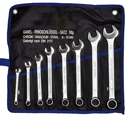 SW-Stahl 00908L Gabelringschlüsselsatz 6-19 mm, 8-teilig Ringmaulschlüssel | Hochwertiges Chrom-Vanadium Set - inklusive Rolltasche - Maulschlüssel mit 15 Grad Abwinkelung - Ringschraubenschlüssel